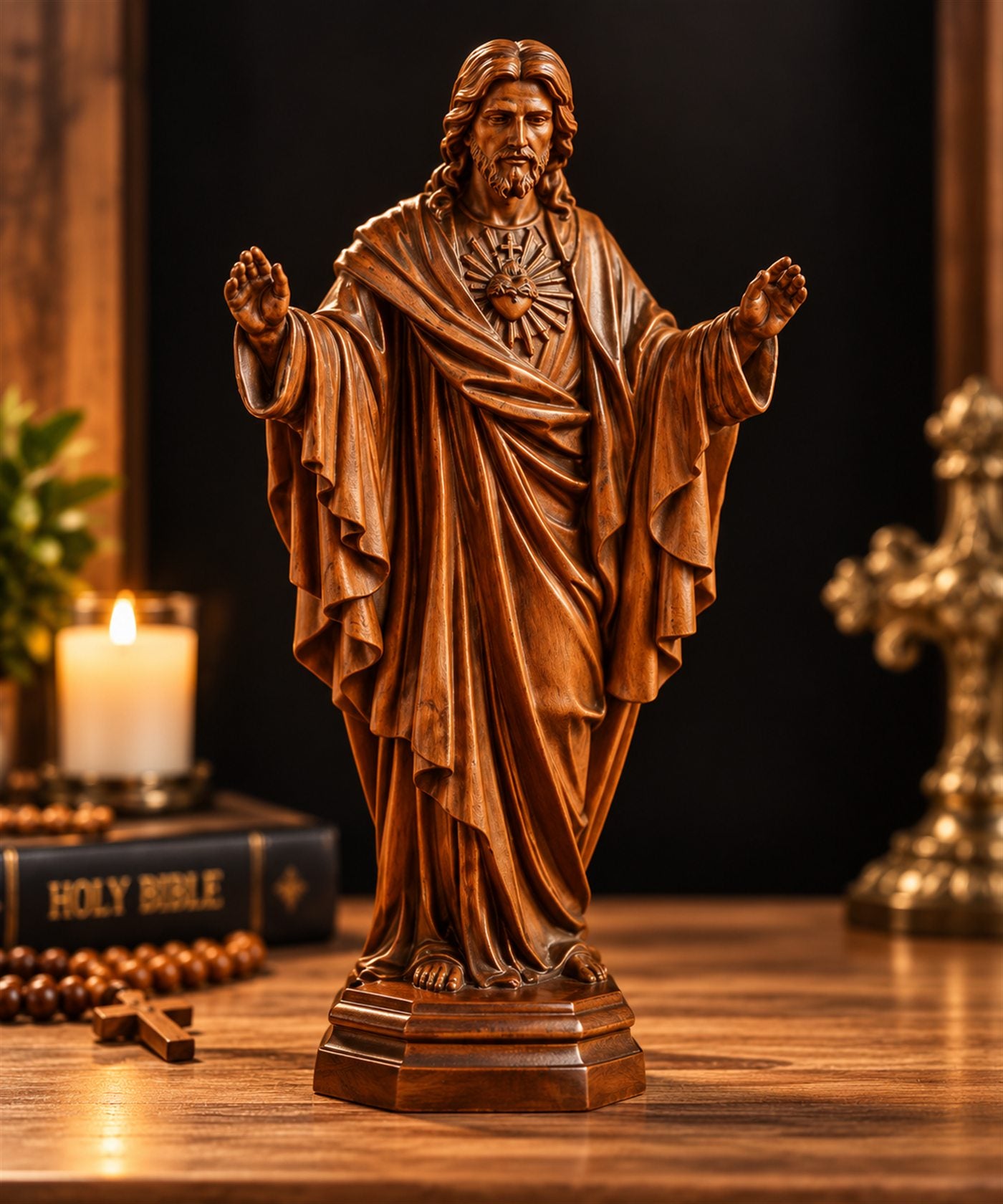 Wooden Sacred Heart of Jesus statue with open arms, beside a candle and rosary