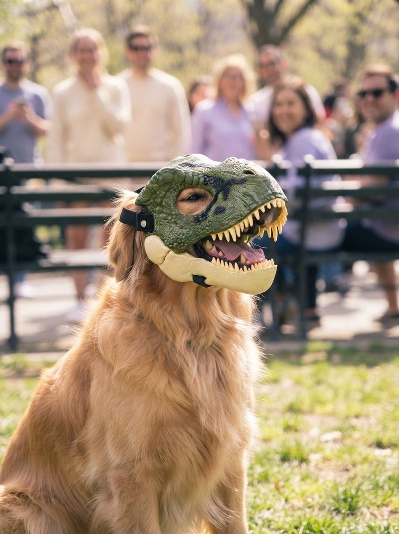 A happy dog wearing a dinosaur mask in a park with onlookers in the background.