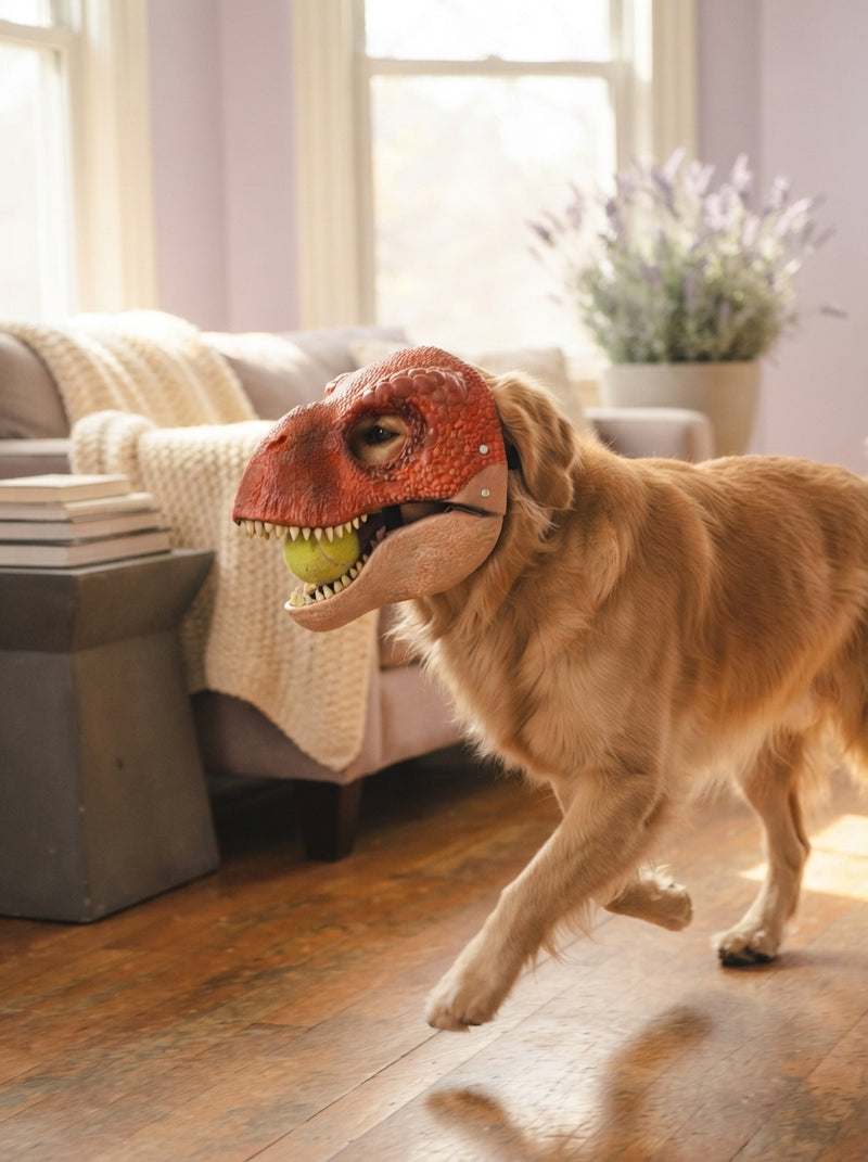 A dog wearing a dinosaur mask playing with a tennis ball in a living room.